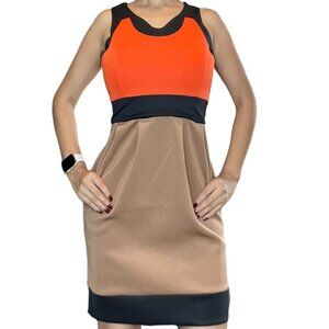 BCBG Maxazria Ball Gown Dress XS Orange Brown Black Stretch Sleeveless Pockets